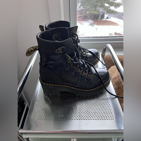 LAURENNE DISTRESSED PATENT LEATHER LACE UP HEEL BOOTS - Picture 4 of 7